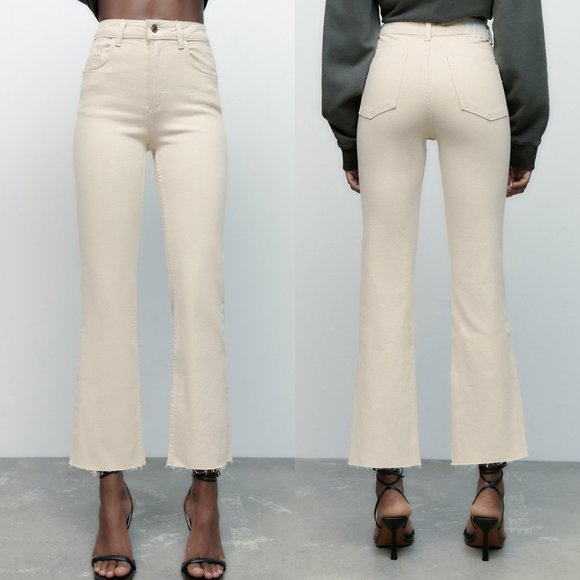 Zara Denim - NEW Zara Z1975 High Rise Waist Mini Flared Raw Hem Natural Ecru Denim Jeans 4